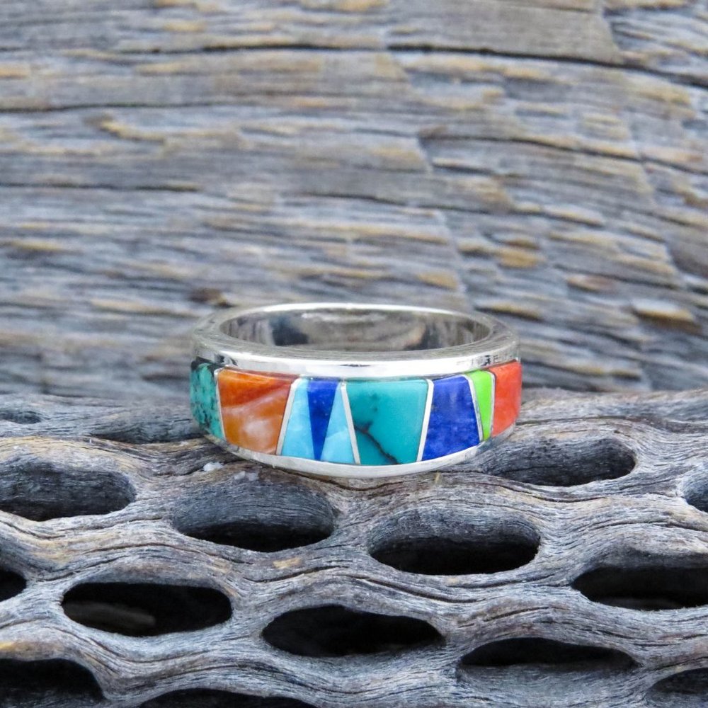 Native American Turquoise Lapis Multi Gemstone Sterling Silver Inlay Ring 8 3/4